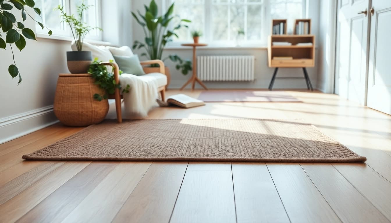 Nagermatte auf einem hellen Holzboden, elegant im Sonnenlicht präsentiert.