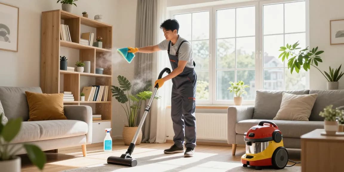 Professional cleaning service in Bern showcasing a cleaner at work in a bright living room, emphasizing quality and detail in residential cleaning.