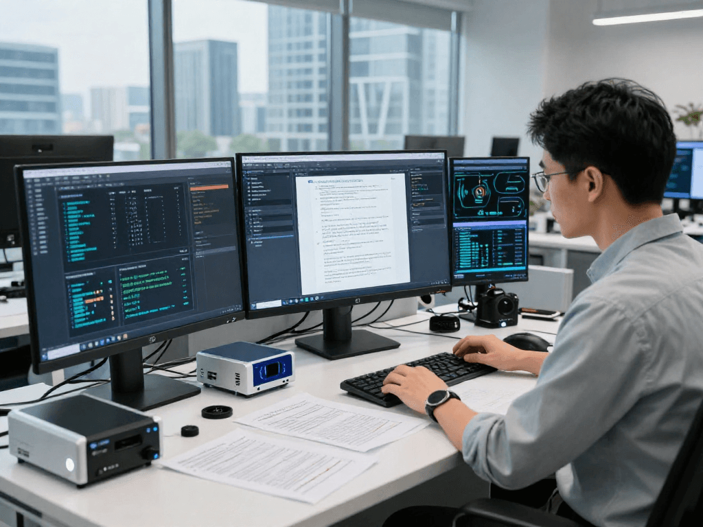 Advanced document fraud detection analysis with forensic expert using high-tech tools in a secure workspace.