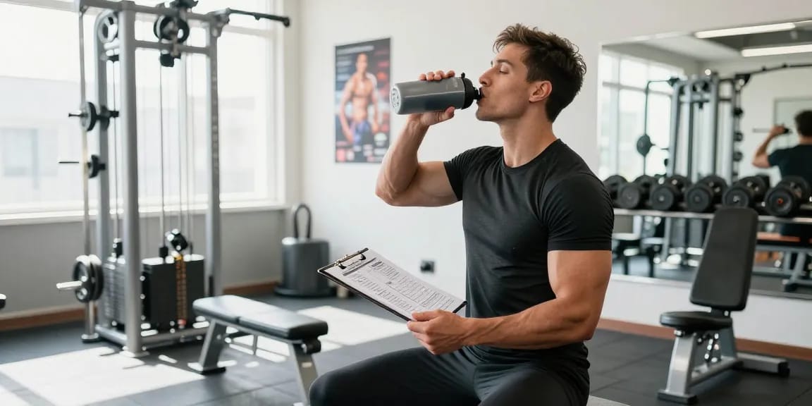 Steroide kaufen im Steroidshop: Bodybuilder trainiert im modernen Fitnessstudio mit Workout-Plan.