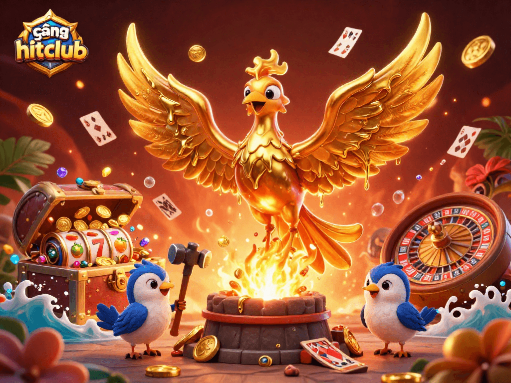Experience the vibrant excitement of cổng game hitclub with a golden phoenix and dynamic casino elements.