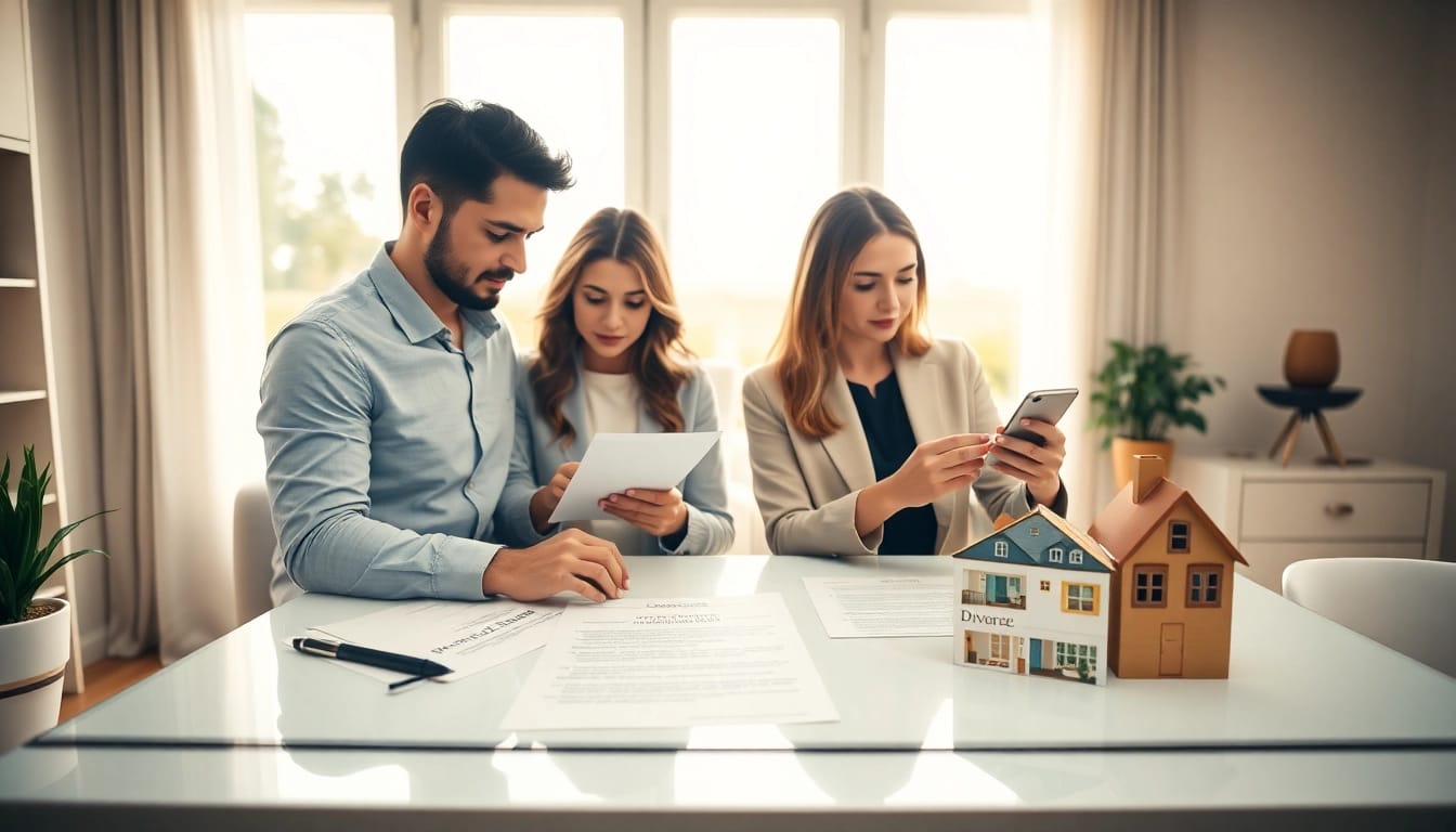 Hausverkauf bei Scheidung: Professional couple analyzing documents in a bright office.