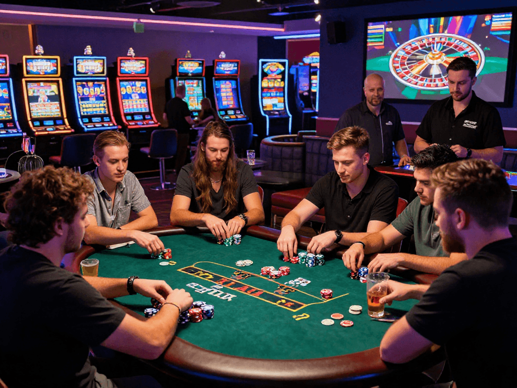 Experience the vibrant atmosphere of nhà cái vin88 with friends at a thrilling casino poker table surrounded by excitement.