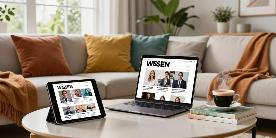 Explore engaging content about celebrities and lifestyle trends on wissenmagazine.de in a stylish living room setting.