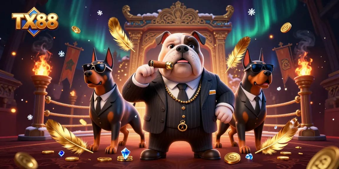 TX88 showcases an action-packed scene with a mafia bulldog and bodyguards amid glowing casino elements.