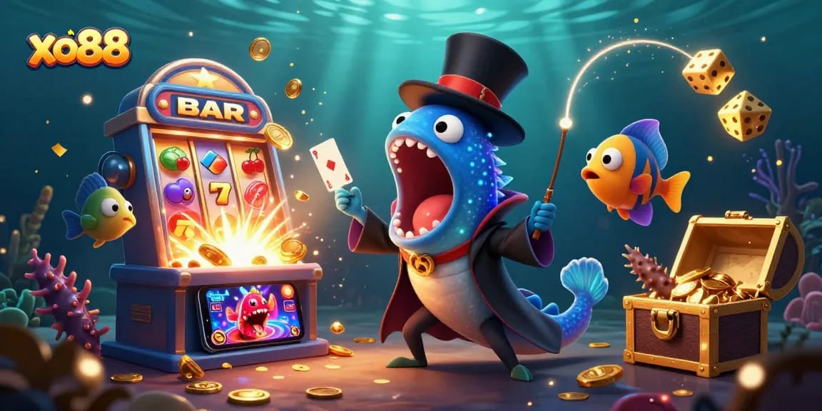 Experience the magic of xo88 with a slot machine explosion and deep-sea creatures in this vibrant casino scene.