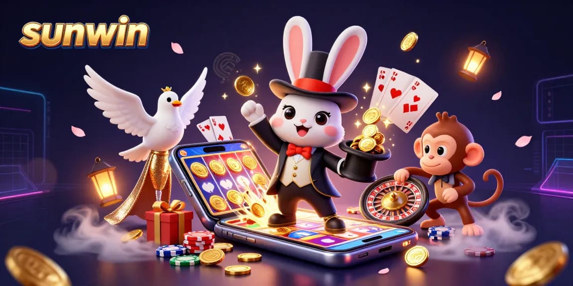 sunwin captures magic of gambling with colorful slot games, poker chips, and a whimsical 3D scene.