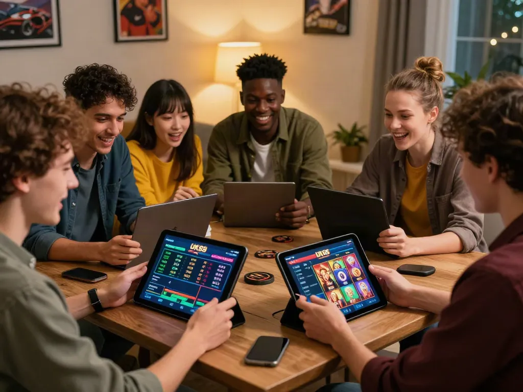 A lively group enjoying online betting at https://uk88win.org/ with smartphones and tablets, portraying fun and excitement in a warm setting.