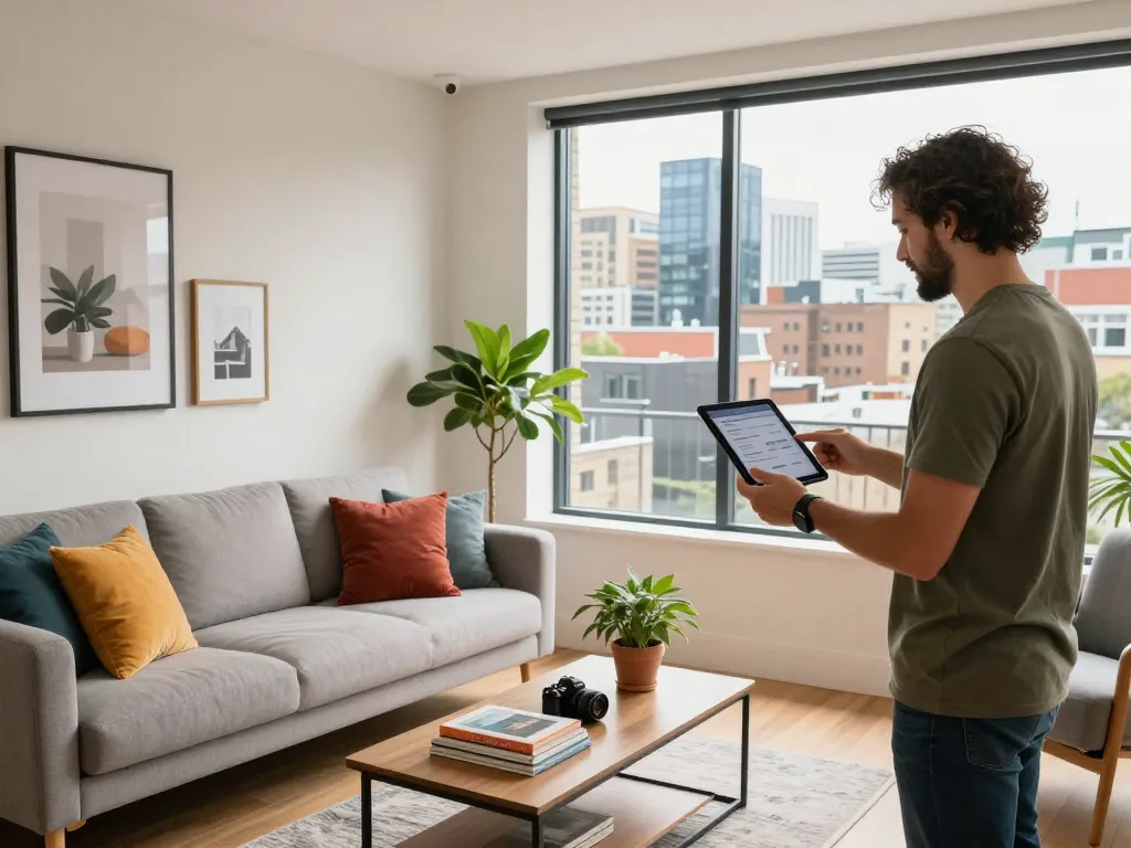 Airbnb management in Newcastle showcasing a welcoming living space with local host preparing for guests.