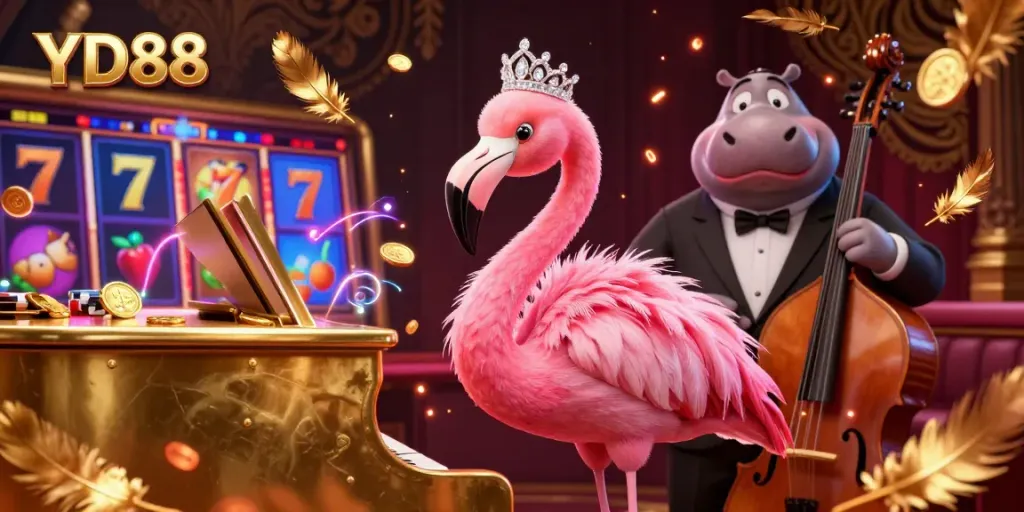 Experience the excitement of YD88 online casino with vibrant visuals of a flamingo singer and hippo bassist.