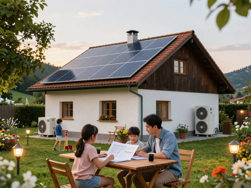 Photovoltaik Bayern nachhaltige Familie, die Solarenergie in einem bayerischen Garten mit sonnigem Himmel und grüner Umgebung genießt.