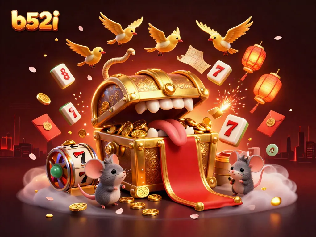 The b52i treasure chest lures mice with riches in a vibrant casino scene rich with slot elements.