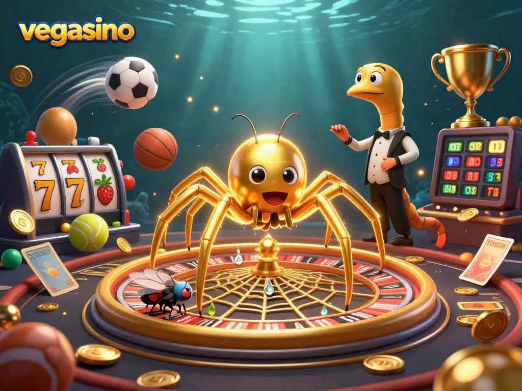 Experience casino excitement with vegasino's 3D illustration of a roulette wheel and lively characters.