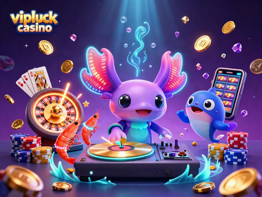 Experience the excitement at vipluck casino with a vibrant 3D illustration showcasing gaming elements and lively characters.