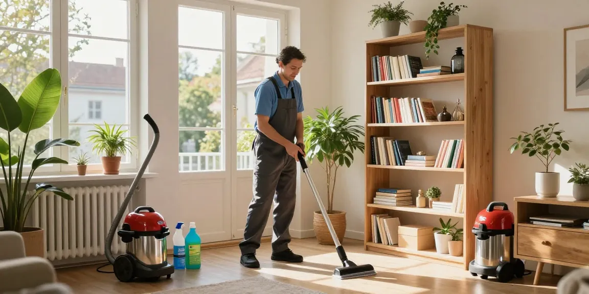 Erleben Sie außergewöhnliche Wohnungsreinigung Bern mit einem professionellen Reiniger, der für strahlend saubere Oberflächen in einer hellen Wohnumgebung sorgt.