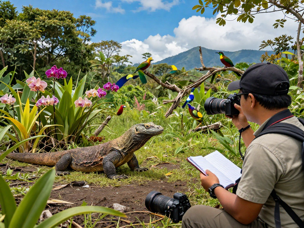 Exploring Indonesia's biodiversity at https://petsnatureworld.com, showcasing a researcher observing a Komodo dragon amid lush tropical flora.