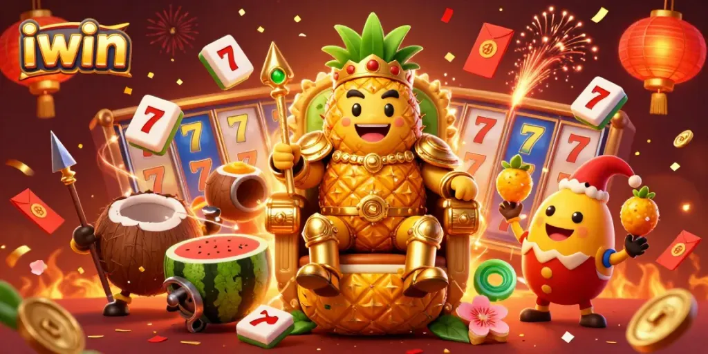 Play exciting games with iwin in a vibrant casino scene featuring a pineapple king and dynamic elements.