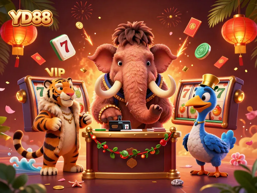 YD88 casino scene with a woolly mammoth bouncer, saber-tooth tiger VIP, and dodo doorman.