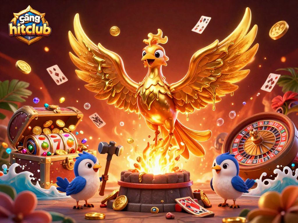 Experience the vibrant excitement of cổng game hitclub with a golden phoenix and dynamic casino elements.