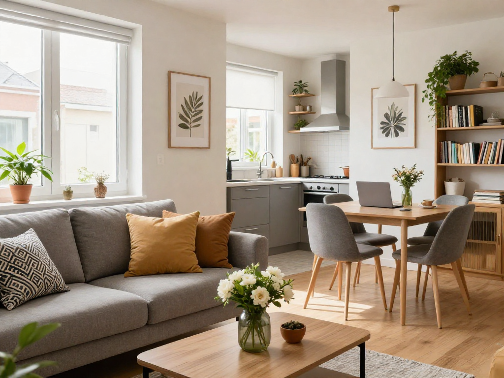 Komfortable Monteurwohnung Hannover mit stilvollem Wohnraum und moderner Küche.