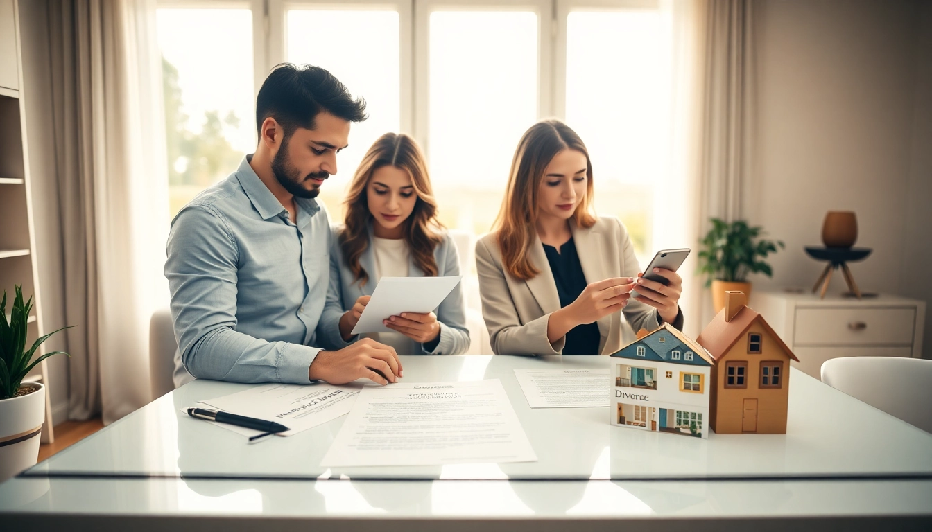 Hausverkauf bei Scheidung: Professional couple analyzing documents in a bright office.