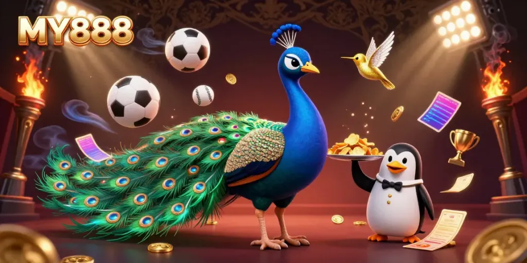 Experience the thrill of MY888 with a dynamic illustration of a peacock, a butler penguin, and a hummingbird amidst sports betting elements.