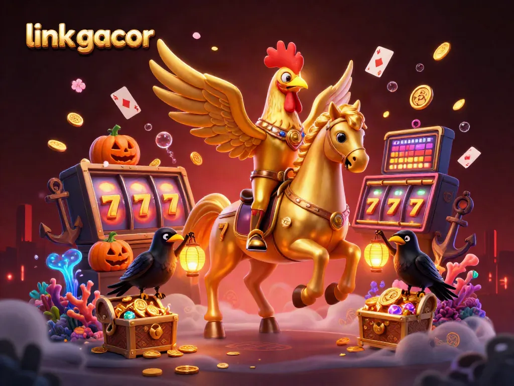 Engage with the link gacor experience as the golden rooster navigates a vibrant casino landscape.
