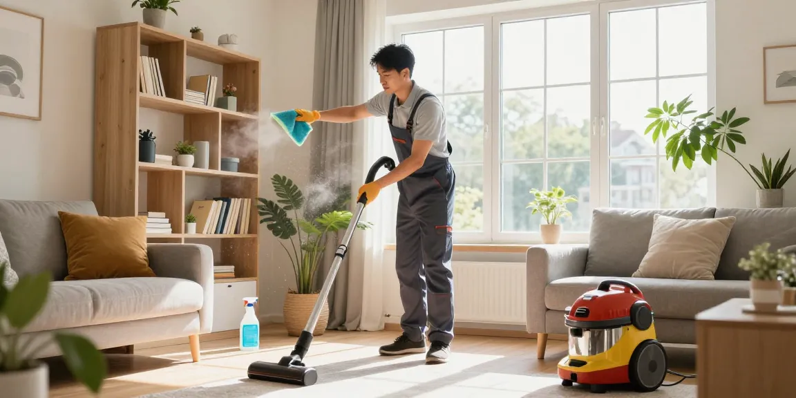Professional cleaning service in Bern showcasing a cleaner at work in a bright living room, emphasizing quality and detail in residential cleaning.