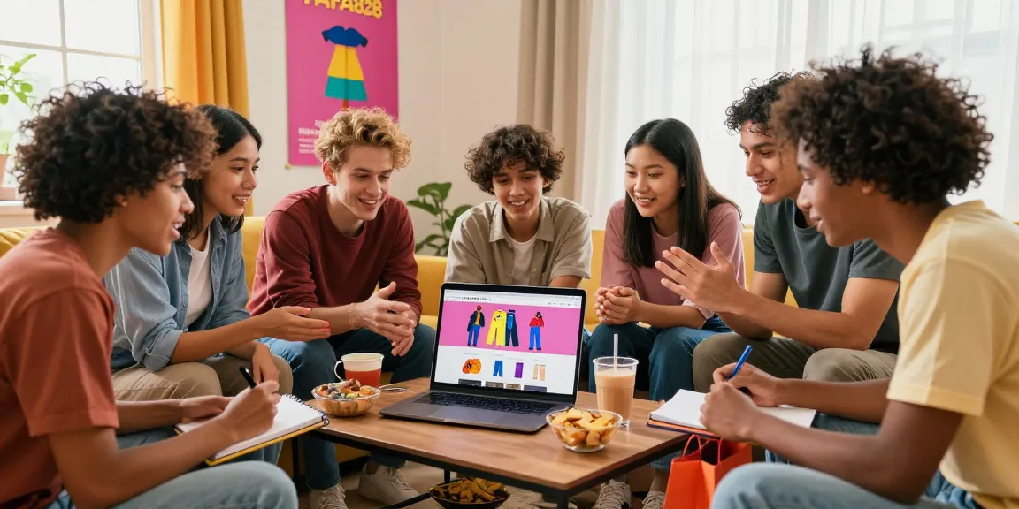 Friends exploring FAFA828 online shopping together in a colorful living room.