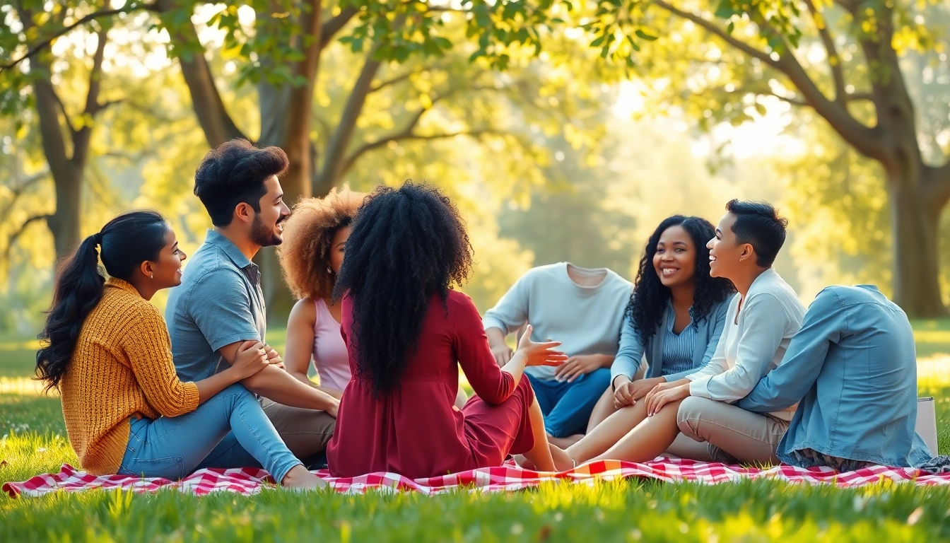 Showcasing mental health awareness through friends discussing in a sunny park setting.