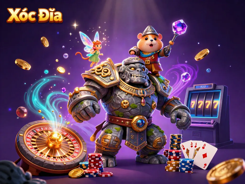 Experience Xóc Đĩa with magical characters amidst golden coins and casino elements.