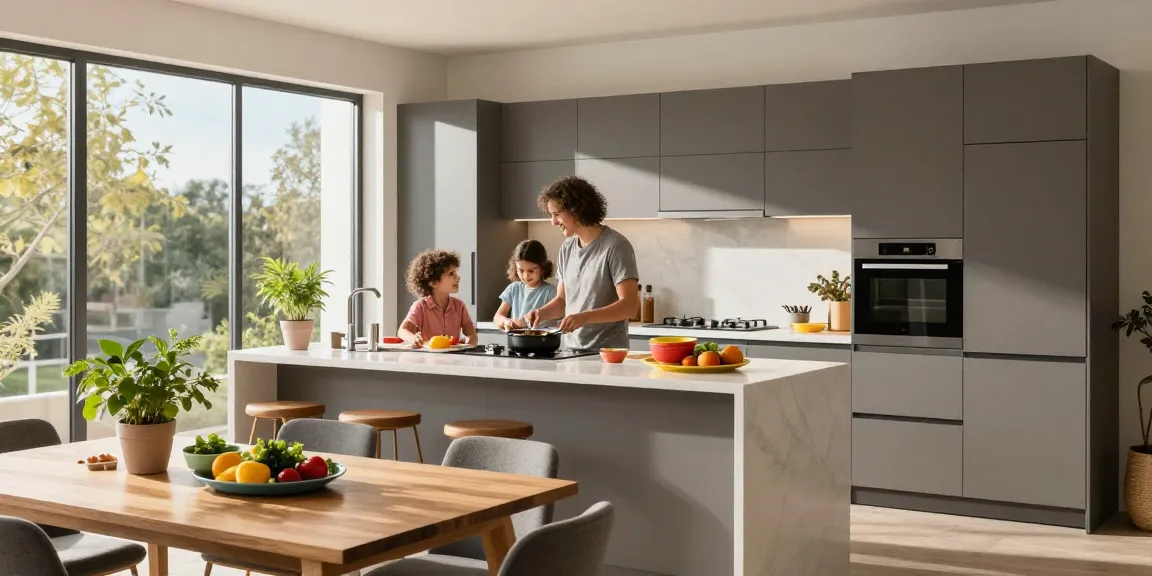 Familie kocht gemeinsam in einer modernen Modulküche und zeigt die Erfahrung eines Möbel Shops online.