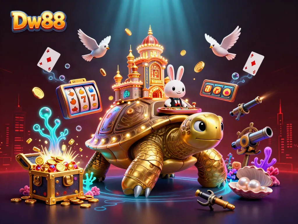 Experience winning fun at Dw88 with a vibrant casino scene featuring a golden tortoise and rabbit dealer.