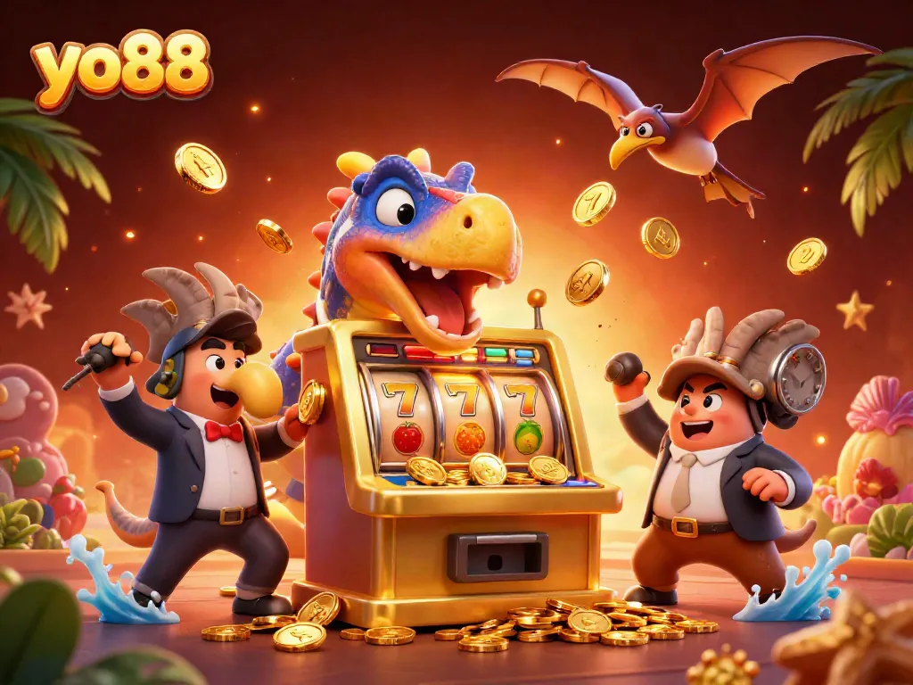Catch golden coins with yo88 in a vibrant 3D casino scene featuring a dinosaur and slot machine.