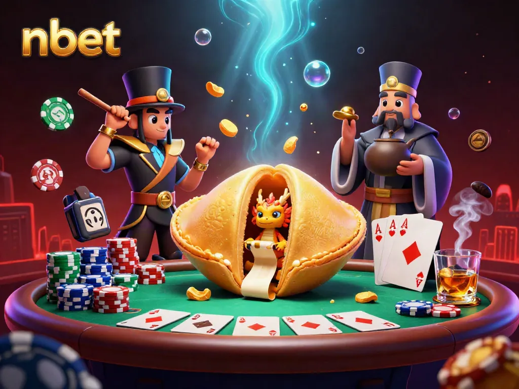 Experience the thrill of nbet with a golden fortune cookie, a wise dragon, and poker elements in a vibrant casino scene.