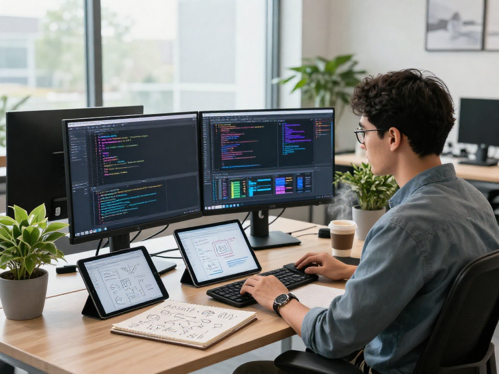 Developer coding in a modern workspace with dual monitors, focused on application interface design at http://debet-app.com.