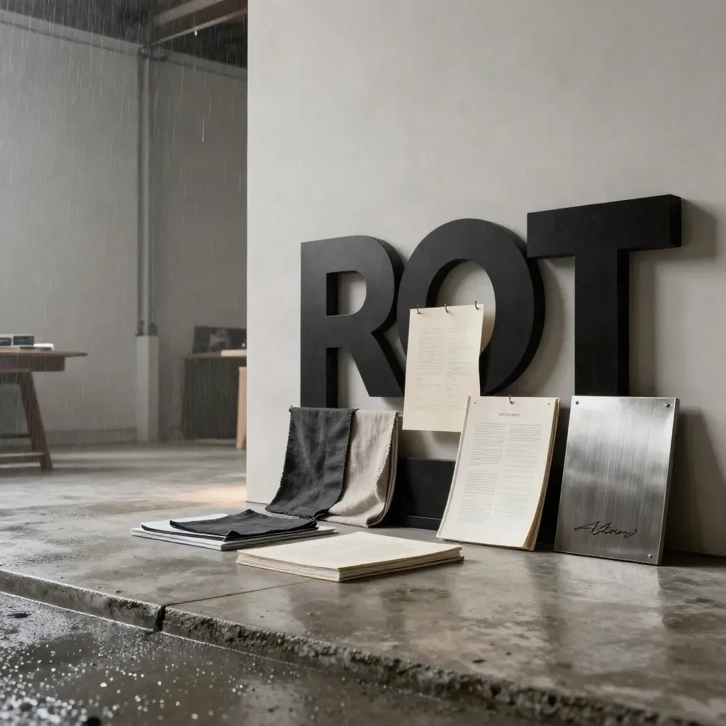 Dramatische Markenstudio-Szene mit Acryl-Logo, Mockups, Stoffmustern und Metalltafel.