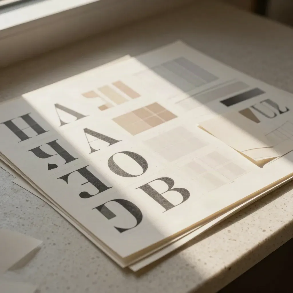 Typografie-Probeblätter, Tintenbars und Papiergewichte auf hellem Stein im warmen Seitenlicht.
