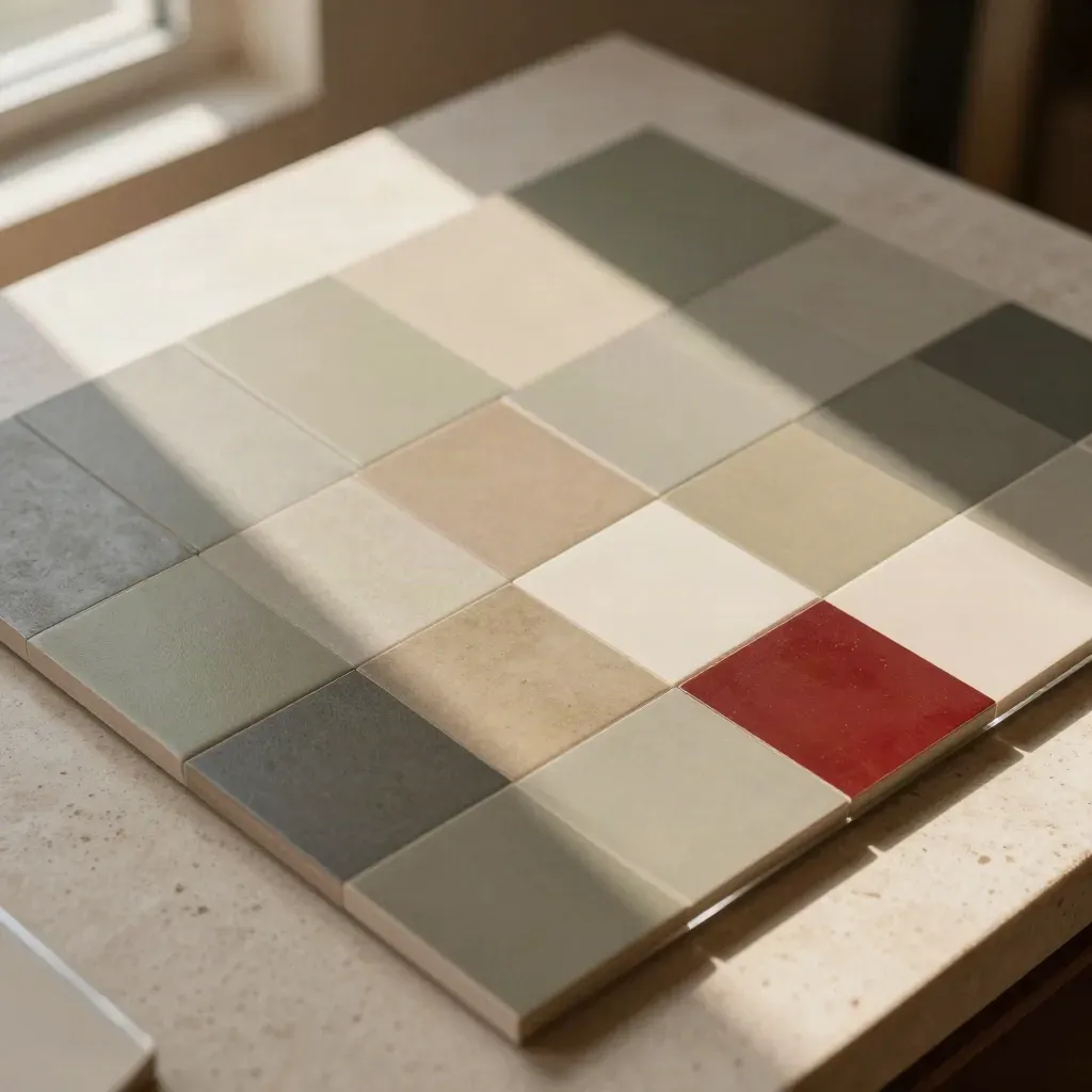 Matte Kacheln und Acrylschale als Social-Media-Grid auf neutralem Stein im warmen Fensterlicht.