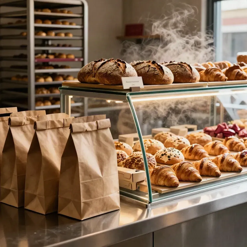 Bäckerei-Theke mit Papierbeuteln, Lieferboxen und leuchtender Auslage im warmen Dampf.