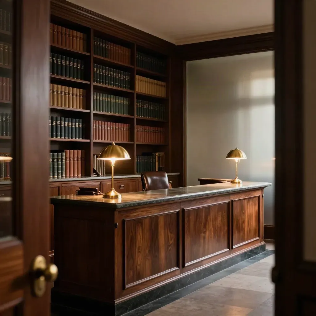 Dunkles Kanzleiinterieur mit Holz, Messing und Regalen im gepflegten Endzustand.