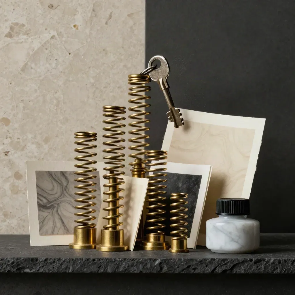 Messingfedern, Pigmentstifte und Marmortintenbehälter auf dunklem Studioshelf im dramatischen Licht.