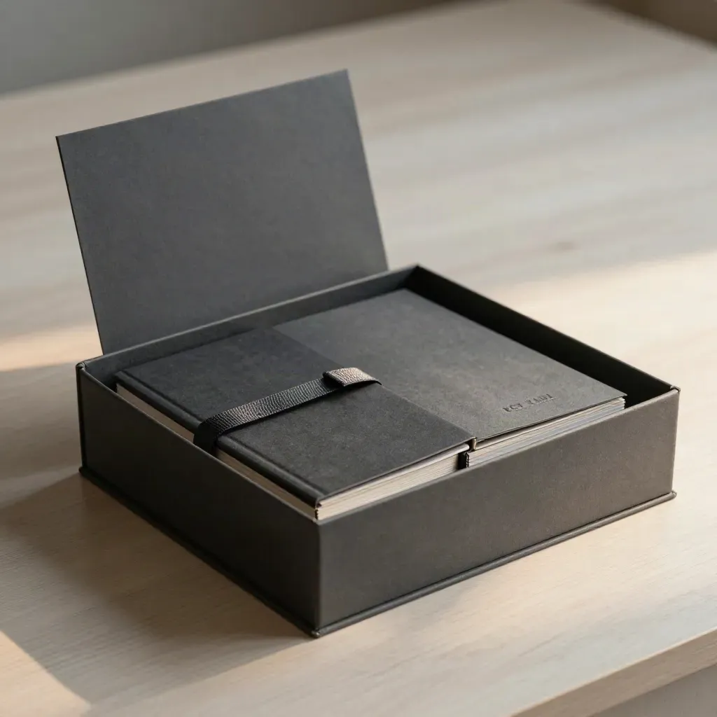 Marken-Übergabepaket mit Box, Buch und Mappe auf hellem Holz