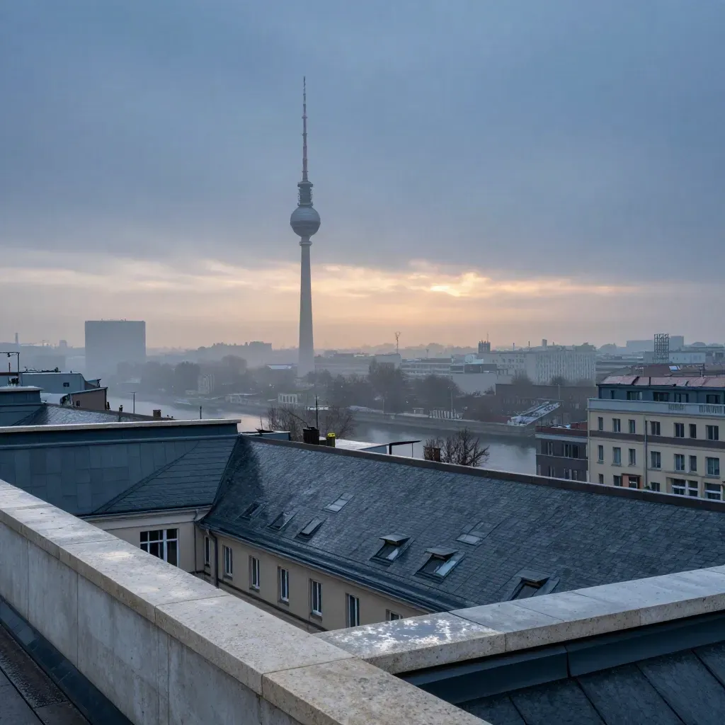 Berlin bei Dämmerung mit Fernsehturm, Dachlandschaft und feinem Flussnebel