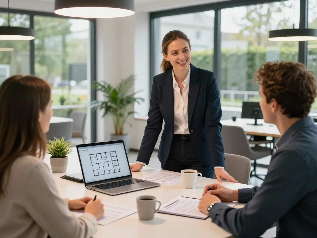 Immobilienmakler Frankfurt Eschersheim, der Kunden in einem modernen Büro unterstützt.