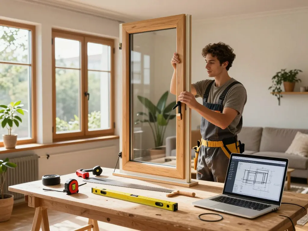 Handwerker misst den Fensterrahmen für Fensterbau Köln mit Qualitätsmaterialien und Werkzeugen in einem hellen Wohnzimmer.