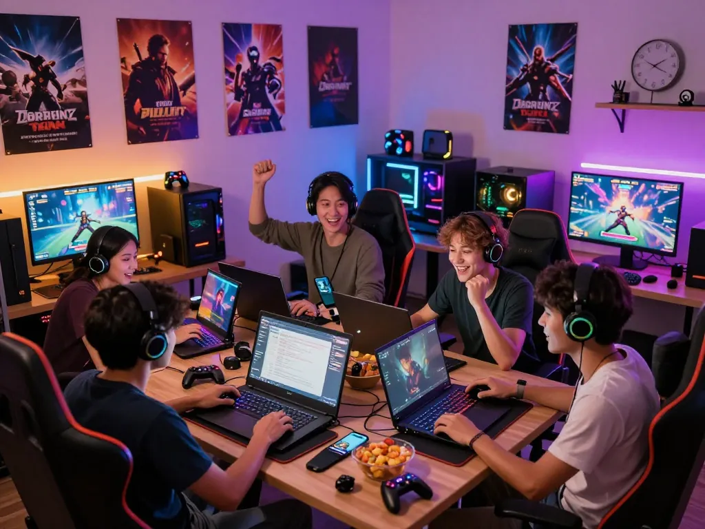 Friends enjoying an online porn game in a vibrant gaming room with snacks and colorful lighting.