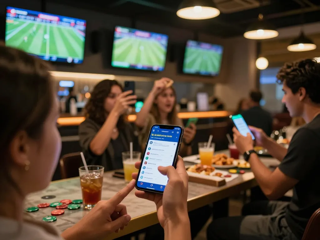Engaged bettors analyze keo nha cai odds while watching live sports at a lively sports bar.