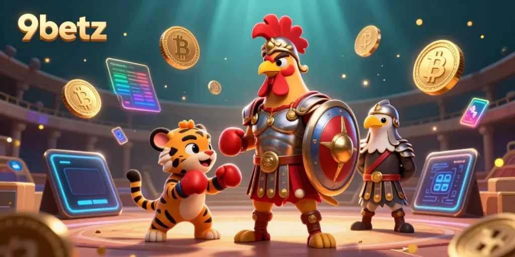 Experience thrilling gameplay at 9betz with a vibrant 3D casino scene featuring unique characters and crypto elements.