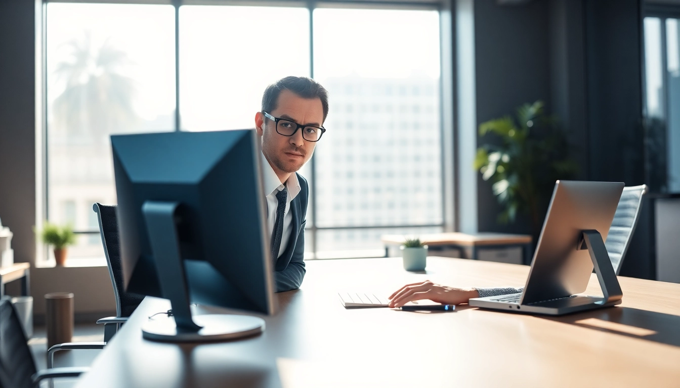 Headhunter Ingenieure im Gespräch mit einem Ingenieur am Schreibtisch, zeigt Professionalität.